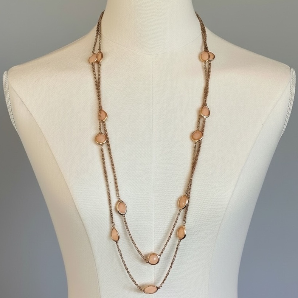 Soft pink rose quartz double link long rope chain necklace round oval pear 35”